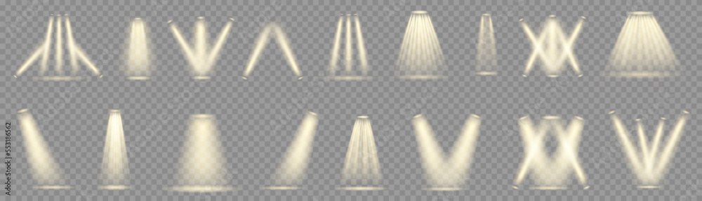 Poster Set of bright light spotlights isolated on transparent background. Vector glowing light effect with transparent rays.