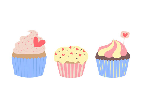 Set of colorful cupcakes with hearts decoration. Hand drawn doodle style. Isolated vector illustration 