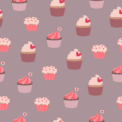 Seamless pattern of cupcakes with hearts on grey background. Hand drawn doodle style 