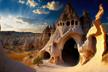 Valley of Love in the Turkish Town of Goreme, Cappadocia. Generative AI - obrazy, fototapety, plakaty