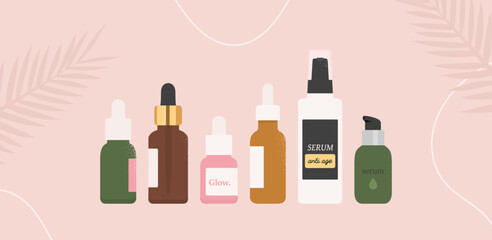 Serum. Set of different serum bottles. Cosmetic product. Flat vector