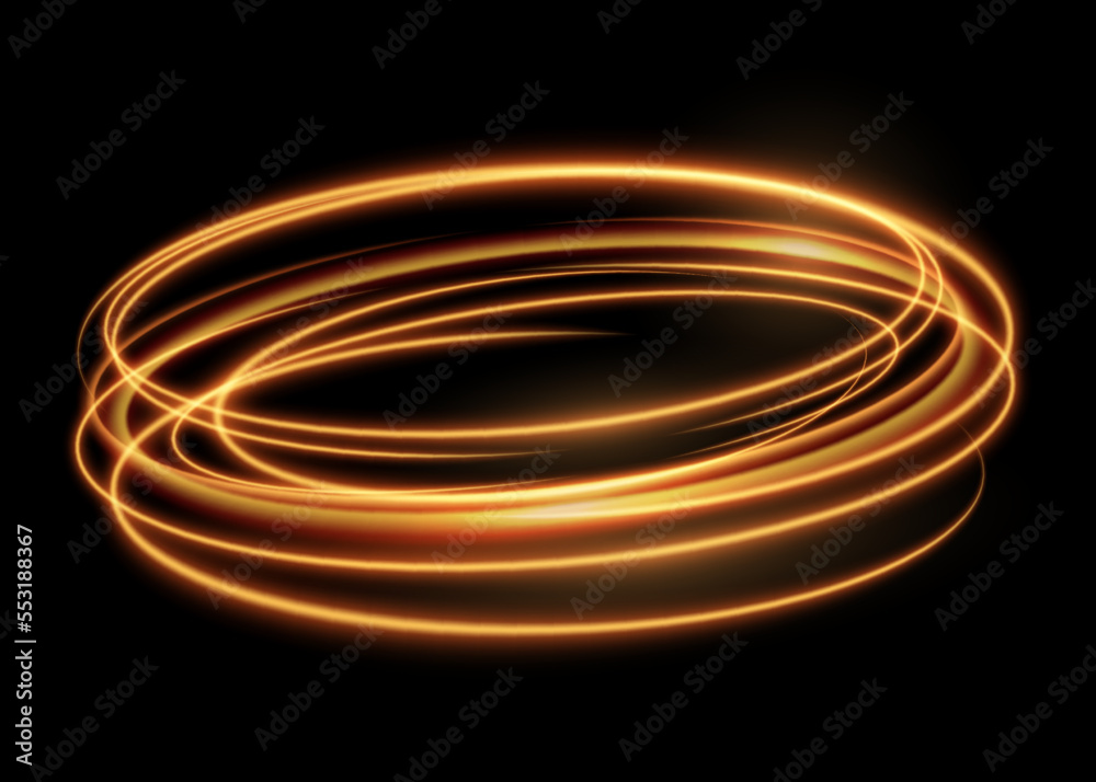 Poster glowing shiny spiral light painting magic glow, golden sparkling effect. vector curly gold spirals, 