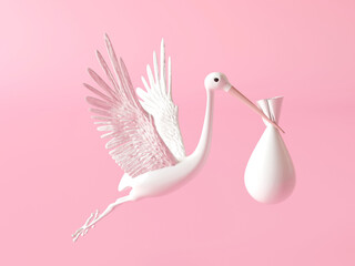 Stork carrying a baby isolated on a pink background. Silhouette stork bird with baby in the bag. 3d render Illustration. The white stork is carrying the baby