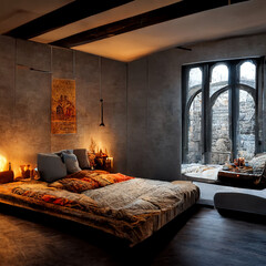 Cozy modern bedroom made in the style of a medieval castle.