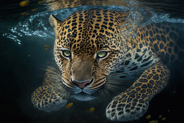 Naklejka na ściany i meble Close up beautiful leopard in water. Dangerous predator in natural habitat. Digital art