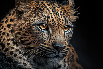 Close up beautiful  leopard isolated on black background. Digital art - obrazy, fototapety, plakaty