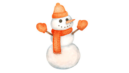 オレンジ色の帽子とマフラーをつけたスノーマンの水彩風背景透過イラスト