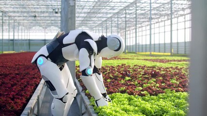Modern horticultural robot walking in greenhouse working in agricultural sphere picking plant analyzing. Scientific cyborg with artificial intelligence growing and caring about plants.