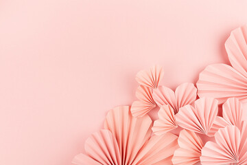 Valentines day festive background in asian style - pink paper hearts of folded fans fly on gentle...