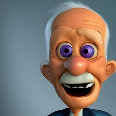 Happy old man cartoon character 3D. White gray hair. Big nose open mouse, has a moustache.