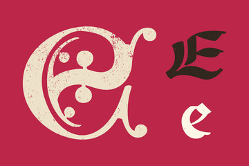 E letter drop cap logo. Illuminated initial and blackletter uppercase and lowercase. All you need to precisely imitate medieval text.
