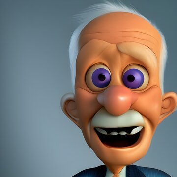 Happy Old Man Cartoon Character 3D. White Gray Hair. Big Nose Open Mouse, Has A Moustache.