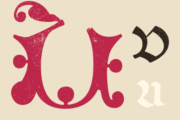 U letter drop cap logo. Illuminated initial and blackletter uppercase and lowercase. All you need to precisely imitate medieval text.