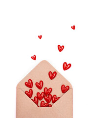 Envelope and red hearts on pink background. Valentine's day, love, anniversary concept.