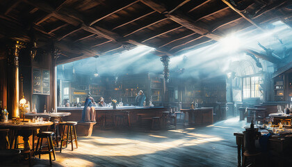Friendly medieval fantasy tavern inn, concept art interior - obrazy, fototapety, plakaty