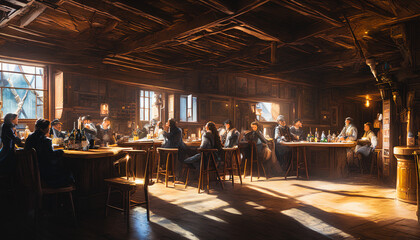 Friendly medieval fantasy tavern inn, concept art interior
