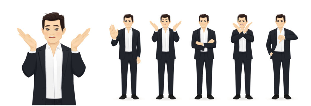 Asian business young man in in black suit showing negative emotions with different gestures set. Upset, dislike, angry, refused isolated vector illustration.