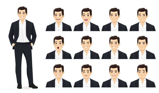 Asian business young man in black suit with different facial expressions set vector illustration isolated
