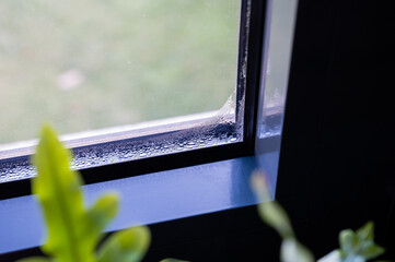 Condensation water on a window in winter. Moisture and humidity can lead to mold damage.