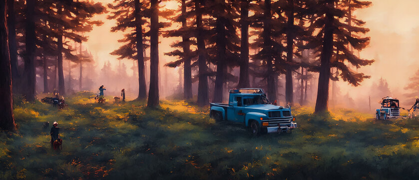 Painting of truck on the road in the countryside, forest landscape. 
