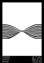 Geometrical Poster Design with Optical Illusion Effect.  Minimal Psychedelic Cover Page Collection. Monochrome Wave Lines Background. Fluid Stripes Art. Swiss Design. Vector Illustration for Placard.