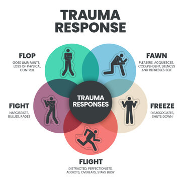 Fear Responses Model infographic presentation template with icons is a 5F Trauma Response such as fight, fawn, flight, flop and freeze. Mental health and Personality Type concept. Education vector.