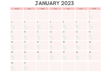 January 2023 Monthly calendar planner, pink template calendar planer for January 2023 