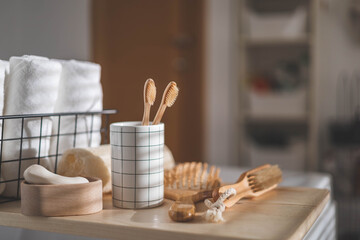 Bathroom domestic spa procedure body care tools arrangement minimal ecology space organization