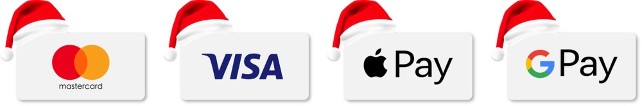 Buttons Of Popular Payment Systems Mastercard, Visa, Apple Pay, Google Pay. Buttons With Santa Hats For A Website Are Rectangular With Rounded Edges. PNG Image