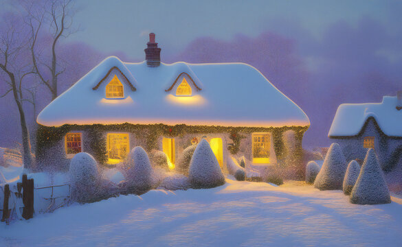 A Group Of English Cottages In A Snowy Winter Landscape