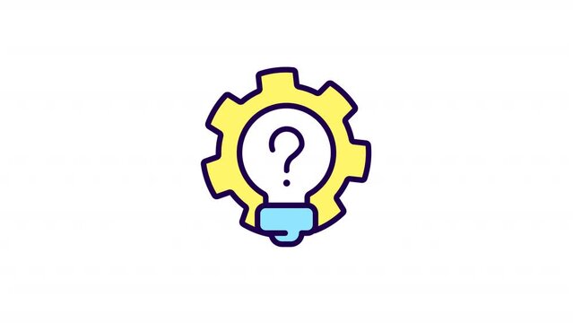 Animated find ideas color icon. Creative question. Lightbulb and cogwheel. Seamless loop HD video with alpha channel on transparent background. Simple filled line motion graphic animation