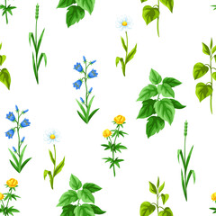 Naklejka na ściany i meble Seamless pattern with meadow flowers. Herbs and cereal grass. Beautiful decorative spring plants.