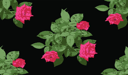 pink roses on black background green color leaves seamless repeated pattern 