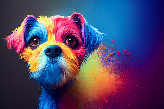 Dog Pour Thick Split Colorful Paint Liquid,3d Render, Dark Background