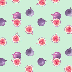 Fig pattern , fabric pattern, fruit pattern,  purple fruits, dessert, watercolor illustration	