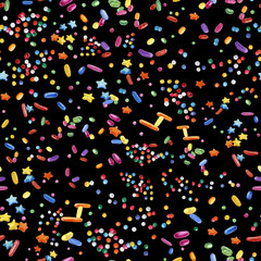 Fototapeta na wymiar Watercolor seamless pattern with sprinkles on black background. Illustration for textures, wallpapers, fabrics, postcards. 