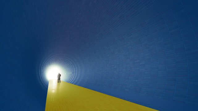 Concept or conceptual blue and yellow tunnel, the Ukrainian flag,  with a bright light at the end as metaphor to hope, faith, future. A  3d illustration of a black silhouette of walking man to freedom