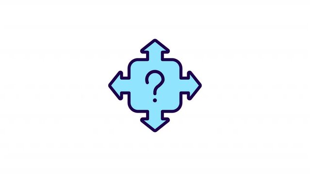 Animated direction color icon. Multiple routes. Question mark with arrows. Seamless loop HD video with alpha channel on transparent background. Simple filled line motion graphic animation