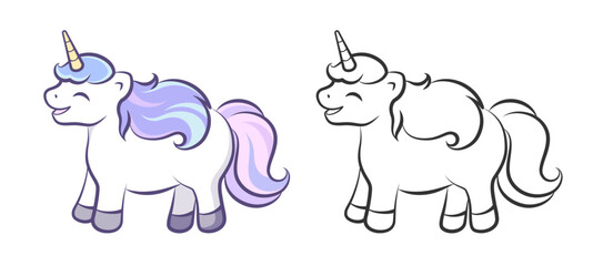Happy laughing unicorn colored and outline illustration set. Easy coloring book page for kids.