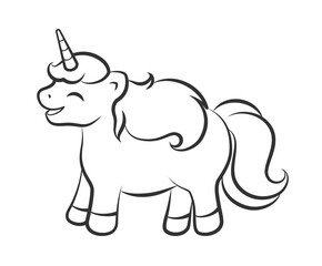 Happy laughing unicorn outline illustration. Easy coloring book page for kids.