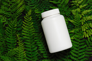 Mockup white vitamin bottle on fern leaves top view, plant pills. Natural bio supplement, herbal vitamins.