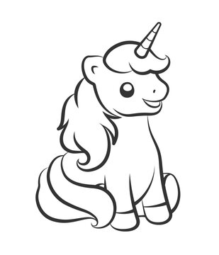 recommend clip art: Cute happy unicorn sitting down vector outline illustration. Easy coloring book page for kids.