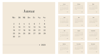 2023 calendar vector design template, simple and clean design. Calendar in German. The week starts on Monday.