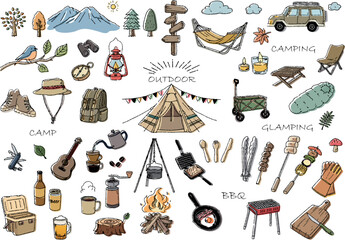 アウトドア　手描き線画イラストセット