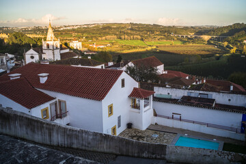 Fototapeta premium Narrow cobblestone streets, historic white houses covered with ceramic tiles, townhouses and the castle of the town of Obidos.