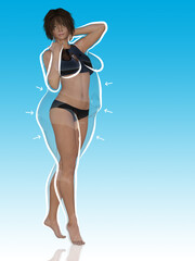 Conceptual fat overweight obese female vs slim fit healthy body after weight loss or diet with white outline and pointing arrows on blue. A  fitness, nutrition or obesity, health shape 3D illustration