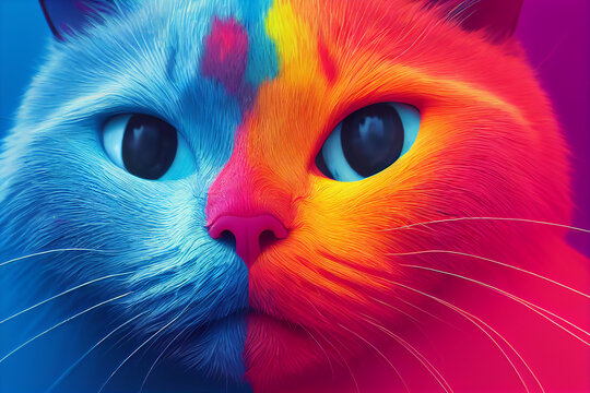 portrait of cat pour thick split colorful paint liquid,3d render