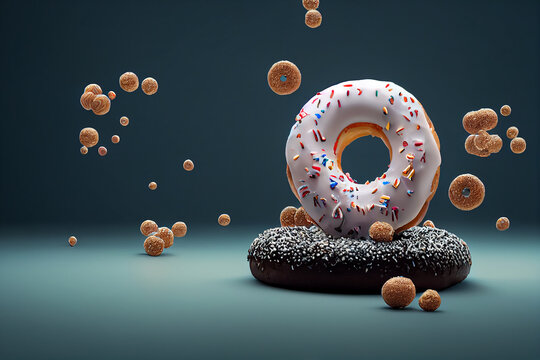 closeup of donut falling,3d render, dark background