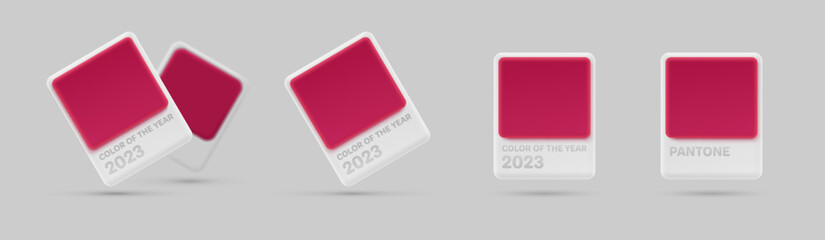 Vector set of volumetric palette of Viva Magenta color of year 2023 by Pantone. Isolated 3D template for label, pink card, swatch with soft shadow