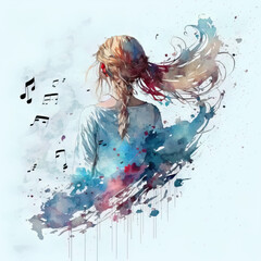 a girl with musical notes flying around her hair